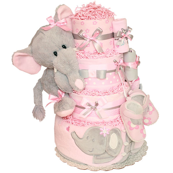 pink and gray diaper cake